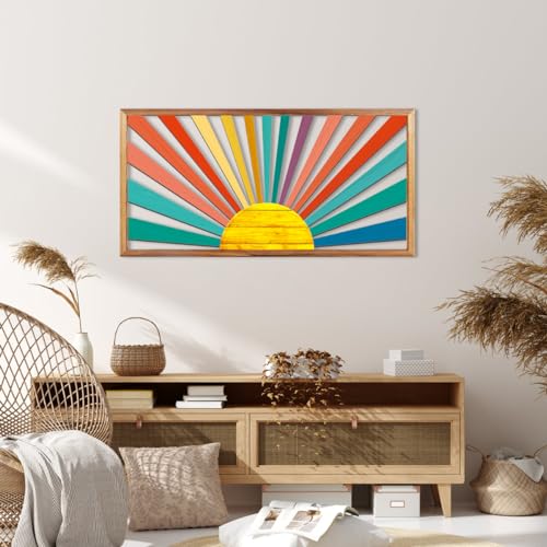Large Boho Sun Wall Art Framed Wooden Art Wall Decor Colorful Rainbow Geometric Line Sunshine Artwork for Living Room Bedroom Office 16x32 Inch