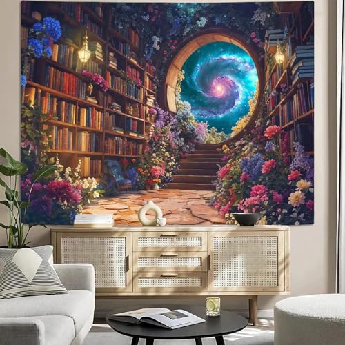 Floral Bookshelf Tapestry Fantasy Library Tapestries Wall Hanging Vintage Plant Flower Book Small Tapestry for Bedroom Living Room Dorm 60 x 44 inch