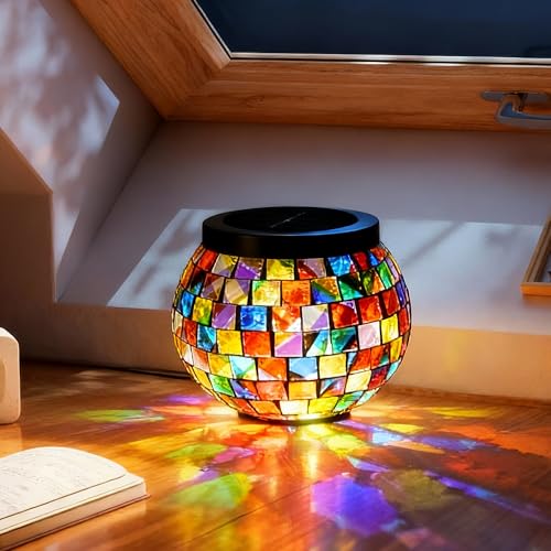 2 Pack Gift for her him Landscape Lighting Path Lights Heavy Solar Mosaic Lantern with RGB Color (2 Count)