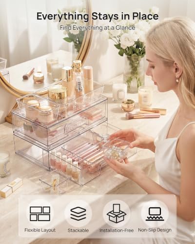 12 Pack Clear Makeup Organizer Set with Drawer Organizer Bins (12 Count)