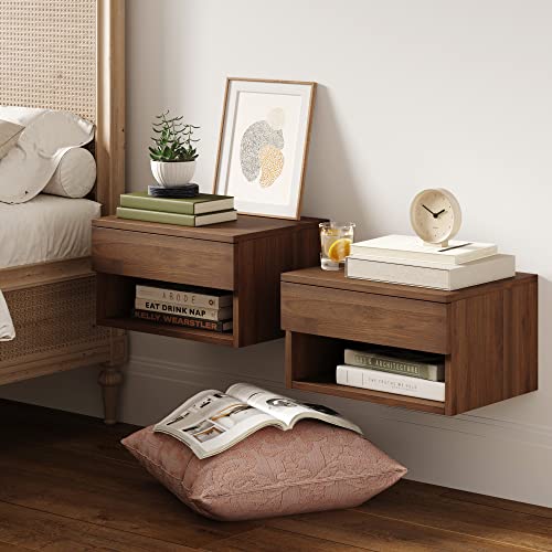 Jackson Wall Mounted Floating Bedroom Nightstand with Storage Drawer and Modern Open Shelf Cubby Set of 2