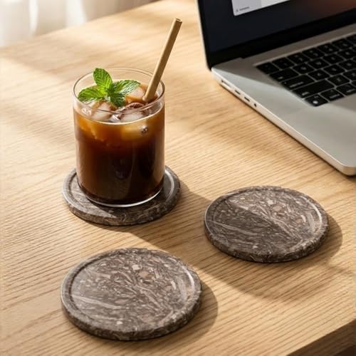 Round Marble Coasters Set of 6 with Holder Oceanic Stone 3.5 Inch (6 Count)
