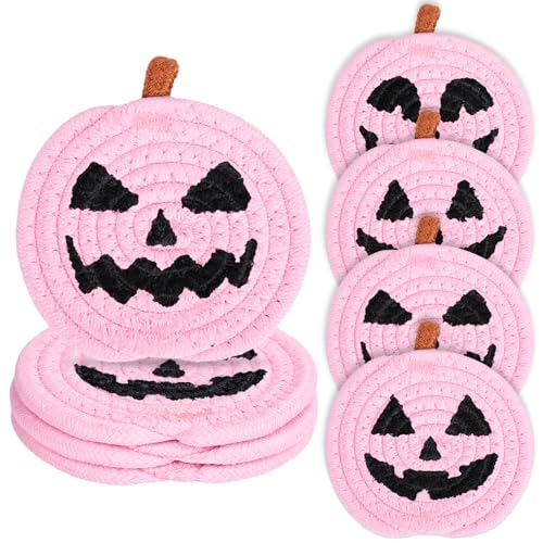 Halloween Pumpkin Cotton Coasters Pink Pumpkin Face Handmade Braided Drink Coasters Absorbent Cup Mats for Trick or Treat Party Home Table Decor (4 Count)