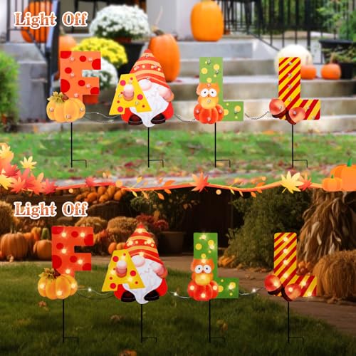Fall Yard Stakes with LED Light Gnome Sign (4 Count)