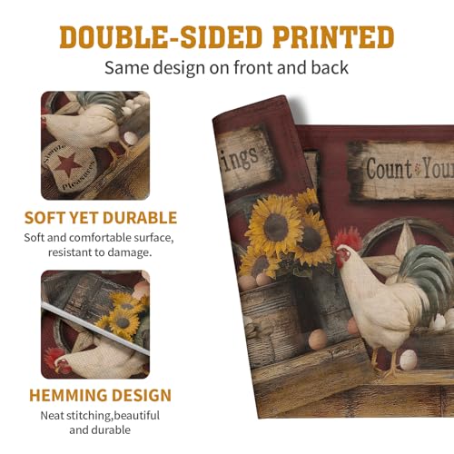 Farmhouse Rooster Placemats Set of 4 Farm Animal Chicken Place Mats 12x18 Inch Vintage Rustic Country Linen Table Mat Washable Non