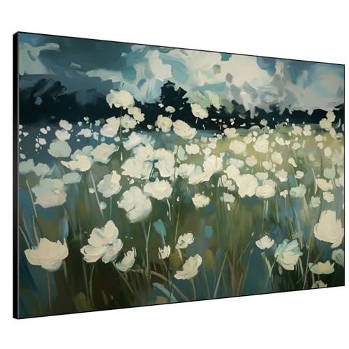 46"x60" Extra Large Framed Wall Art White Wildflower Field in Impressionist Style