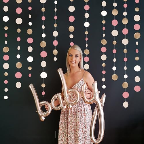 Champagne Gold Dusty Pink Decorations Circle Dots Garland Gold Pink Nude Neutral Cream White Boho Hanging Polka Dot Streamer for Bridal Shower Birthday Wedding Engagement Party Supplies