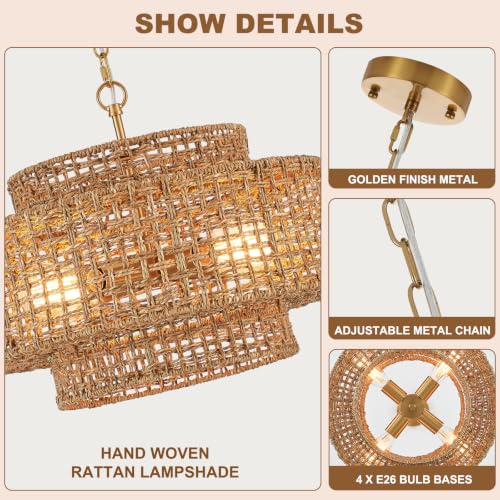 17.7" Gold Rattan Chandelier Light Fixture