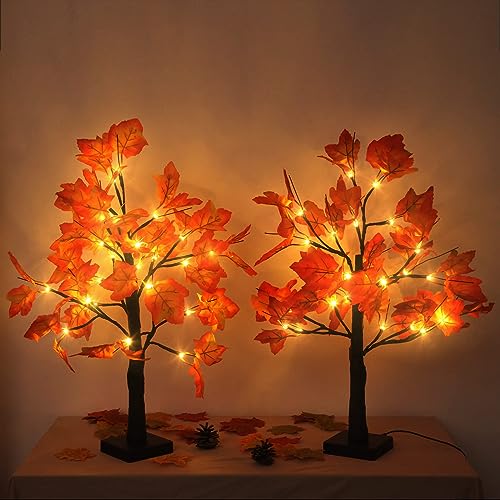 4Pcs 2FT Lighted Maple Tree 96LED Artificial Fall Tree Decor for Thanksgiving Harvest Home Decoration (4 Count)