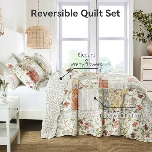 3 Piece Quilt Set Queen Size Quilted Bedspread Reversible Country Style Floral Real Patchwork Bedding Quilt Set with Ruffles with Pillowcases for All Seasons
