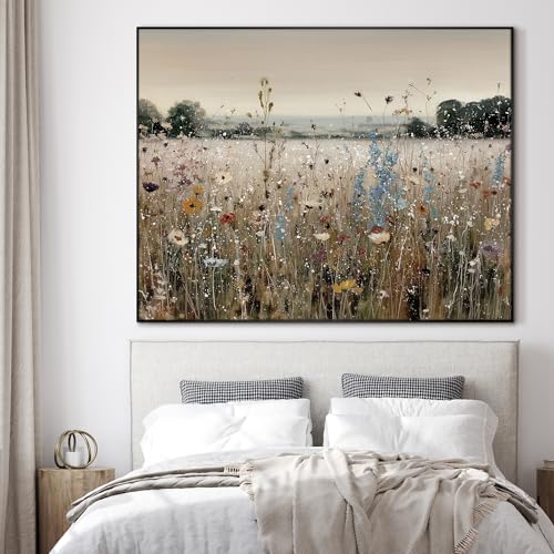 46"x60" Extra Large Framed Wall Art Wildflower Meadow Landscape Soft Pastel Field Illustration for Home Living Room Bedroom Decor