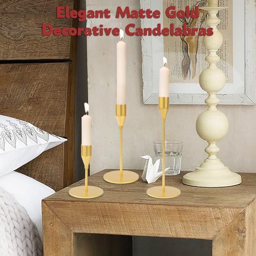 Matte Gold Candle Holders Bulk Painted Gold Metal Candlesticks Fit 0.8 Inch Taper Candles Decorative Metal Candelabra for Wedding Home Holiday Anniversary Party Dinning Table Decors (24 Count)