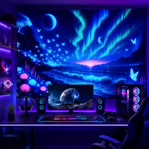 Blacklight Tapestry Galaxy Butterfly Wall Hanging 78 x 59 Inch