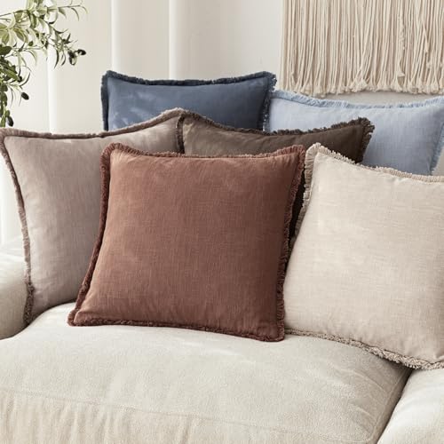 Boho Linen Fringe Lumbar Throw Pillow Covers 12×20 Rust Red (2 Count)