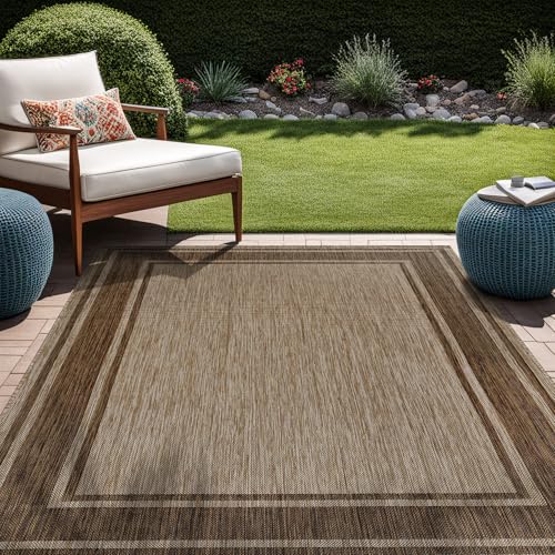 Outdoor Rug 8x10 Modern Bordered Area Rugs for Indoor and Outdoor Patio Deck Porch Garden Waterproof Weather Sun Resistant Washable Outside Carpet (80 Sq Ft)