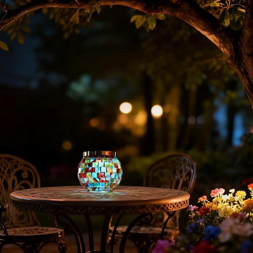 4 Pack Valentines Day Gifts for Him Her Landscape Lighting Path Lights Heavy Solar Mosaic Lantern with RGB Color (4 Count)