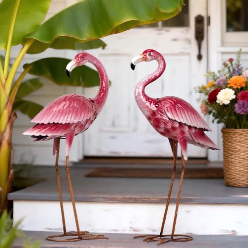 2 Pack Metal Pink Flamingo Statue for Outdoor Garden Yard Decor (2 Count)