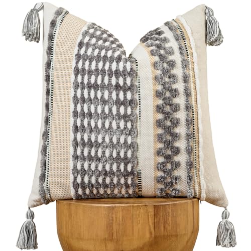 Chenille Striped Textured Boho Throw Pillow Covers Aesthetic with Tassels Woven Decorative Pillow Case for Couch Bed Sofa Bedroom Modern Funky 18 x 18