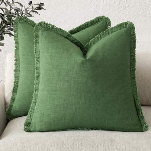Decorative Linen Fringe Throw Pillow Covers 24×24 Forest Green (2 Count)