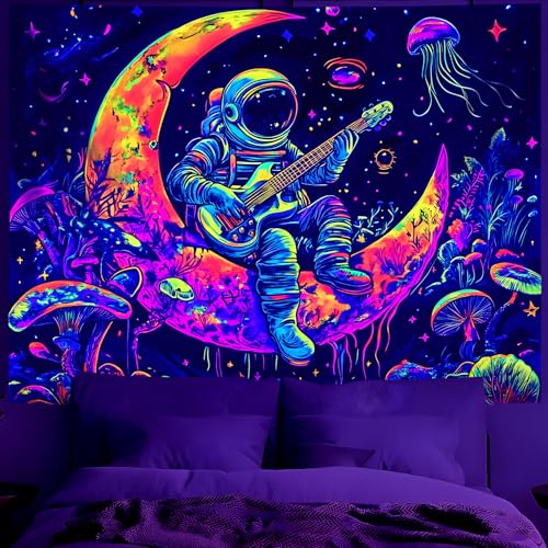Blacklight Space Astronaut Tapestry UV Reactive Galaxy Planet Glow in Dark Tapestries Black Light Poster Neon Wall Hanging Art for bedroom Living Room