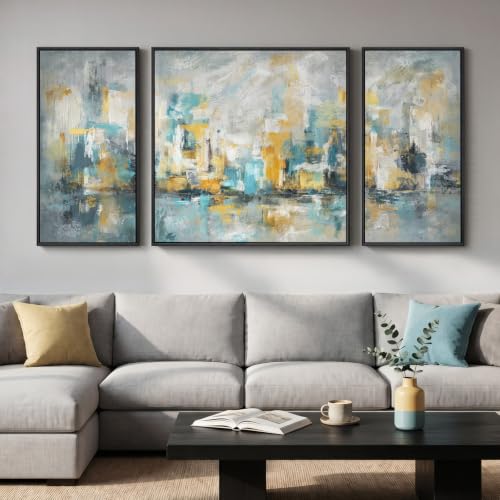 Extra Large Framed Blue Yellow Abstract Wall Art for Living Room (3 Count)