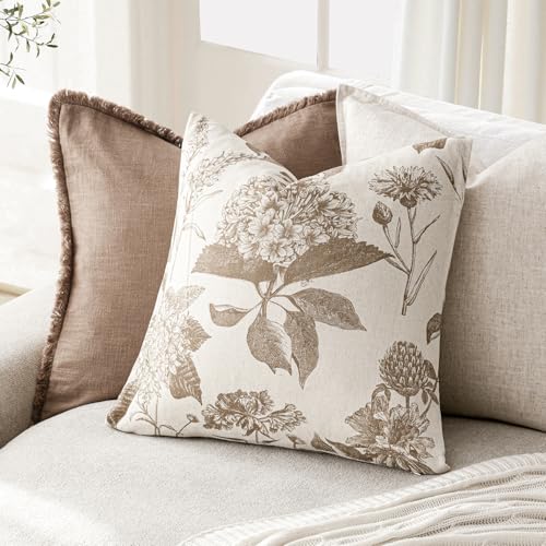 Set of 2 Linen Floral Throw Pillow Covers Neutral Vintage Print Decorative Cushion Covers Farmhouse Boho Home Decor for Sofa Chair Couch Bedroom Living Room (2 Count)