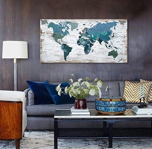 Teal Decor World Map Canvas Art Pictures for Living Room Wall Decoration Blue Wall Decor Office World Map Art Picture Framed Artwork for Home Bedroom Decoration 24"x48"