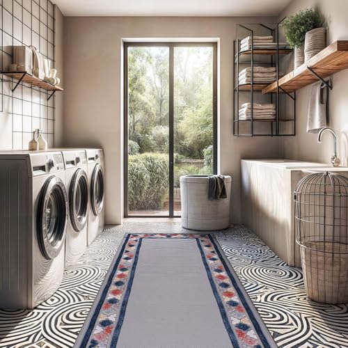 Outdoor Runner Rug 2x7 Modern Floral Bordered Area Rugs for Indoor and Outdoor Patio Easy to Clean Non Shedding Living Room Porch Garden Washable Outside Carpet (14 Sq Ft)