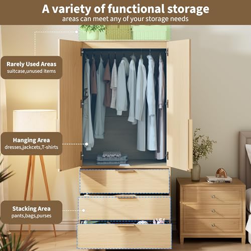 70" Wardrobe Armoire Wooden Closet with 3 Drawers