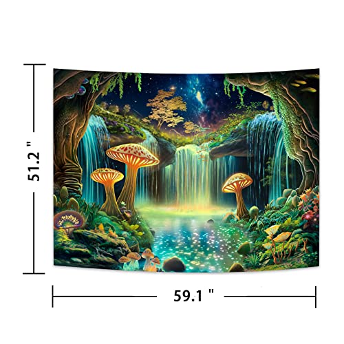 Blacklight Forest Tapestry UV Reactive Waterfall Tapestries Starry Sky Tapestry Fantasy Nature Plant Landscape Wall Hanging Decor for Home