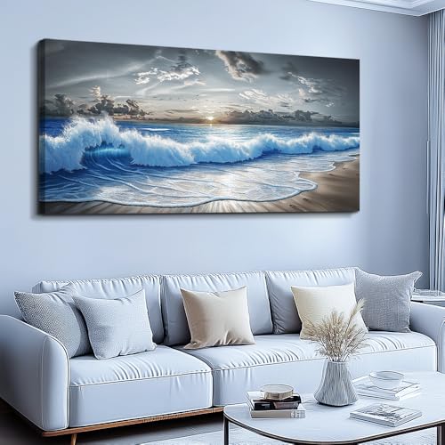 Large Canvas Wall Decor For Living Room Wall Art For Bedroom Office Dining room Decor Modern Black White And Blue Ocean Wave Painting Printed Artworks Wall Pictures Home Decor 24"X48"