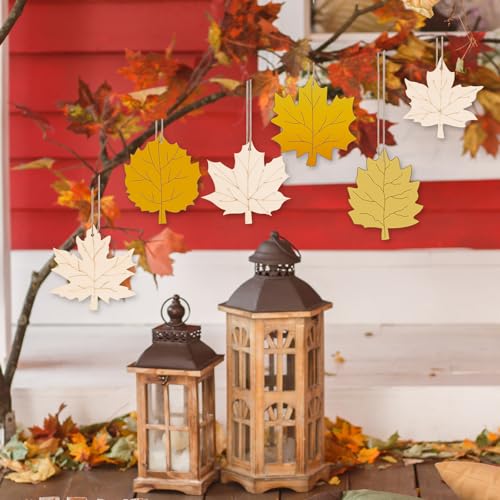 24 PCS Unfinished Wooden Fall Crafts Maple Leaves Shaped Hanging Ornaments (24 Count)