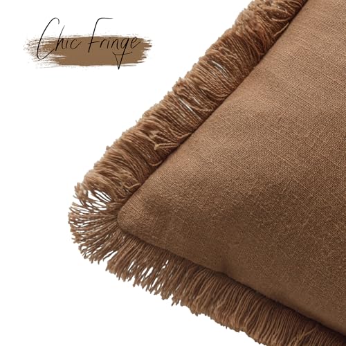 Decorative Linen Fringe Throw Pillow Covers 16×16 Orange Brown (2 Count)