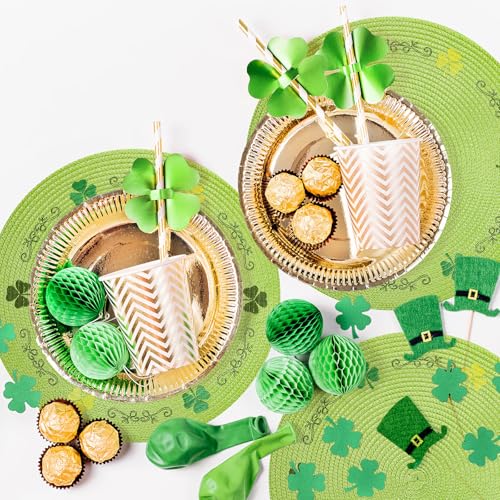4Pcs Round St. Patrick's Day Placemat Embroidered Shamrock Place Mats Green Clover Dinner Table Mats for Home Spring Irish Holiday Birthday Party Decor (4 Count)