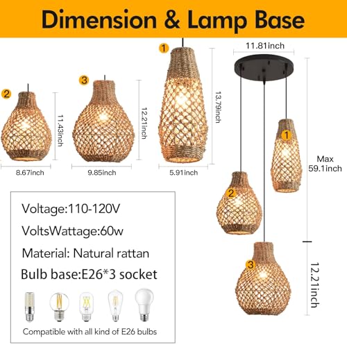 3 Light Rattan Pendant Light