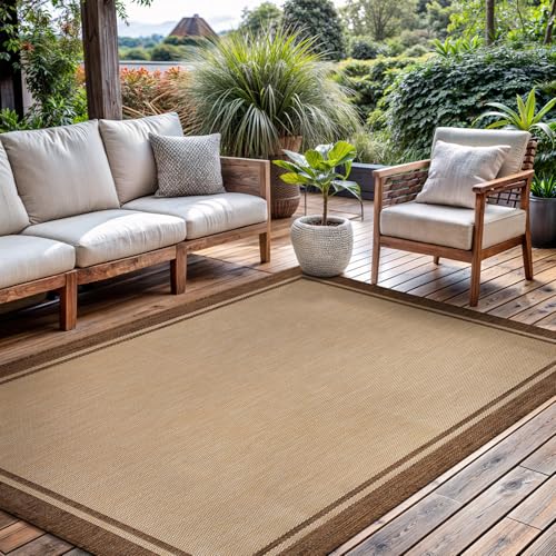 Outdoor Rug 6x9 Bordered Natural Brown Modern Area Rugs for Indoor and Outdoor Patios (59.25 Sq Ft)