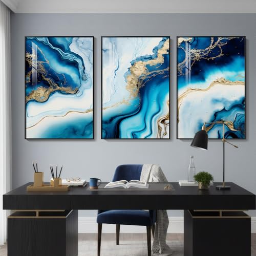 Large Framed Blue and Gold Abstract Wall Art for Living Room (3 Count)