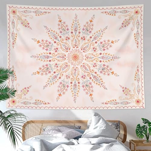 Boho Floral Mandala Tapestry for Bedroom Aesthetic Pink Bohemian Flower Wall Tapestry Watercolor Hippie Indian Tapestries Wall Hanging for Living Room Dorm Decor 60 x 44 Inch