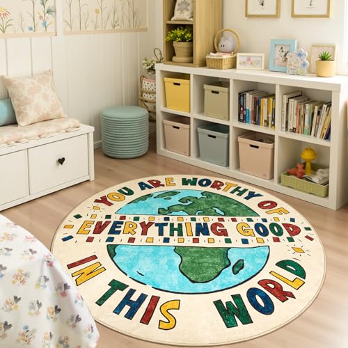 5ft Round Rug Washable Fun Rug You are Worthy Playroom Mat for Kids (19.63 Sq Ft)
