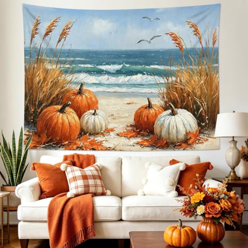 Coastal Fall Pumpkin Tapestry beach Landscape Wall Decor 60Wx40L Inch