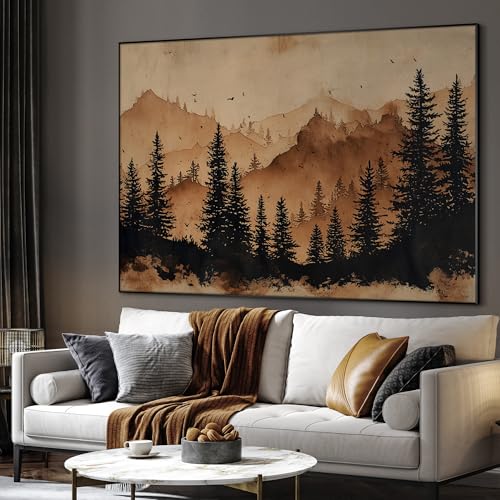 60"x72" Extra Large Framed Wall Art Rustic Mountain Pine Forest Silhouette in Warm Earth Tones for Home Living Room Bedroom Decor
