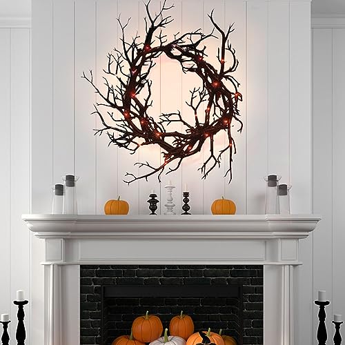 Halloween Black Branch Wreath Signs for Front Door with Red Lights