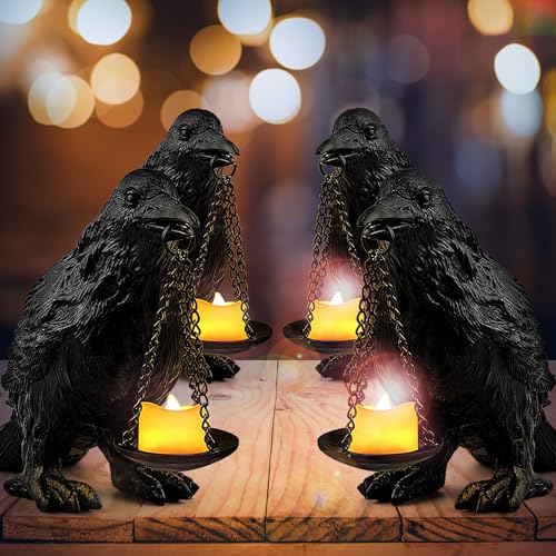 Raven Gothic Home Decor Fake Crow Light Holder Raven Lamp Tealight Candle Holder Resin Raven Statue 4PCS (4 Count)