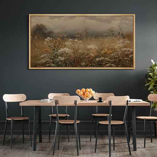 Extra Large Framed Canvas Print Wall Art Autumn Meadow Landscape Rustic Field Illustrations Fine Art Illustrations Decorative Colorful for Bedroom