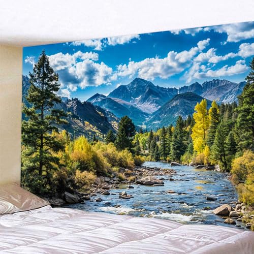 Nature Forest Mountain Tapestry Green Pine Tree Tapestry for Bedroom Aesthetic White Clouds Flowing River Landscape Classroom Tapestries Wall Hanging for Living Room Dorm Office