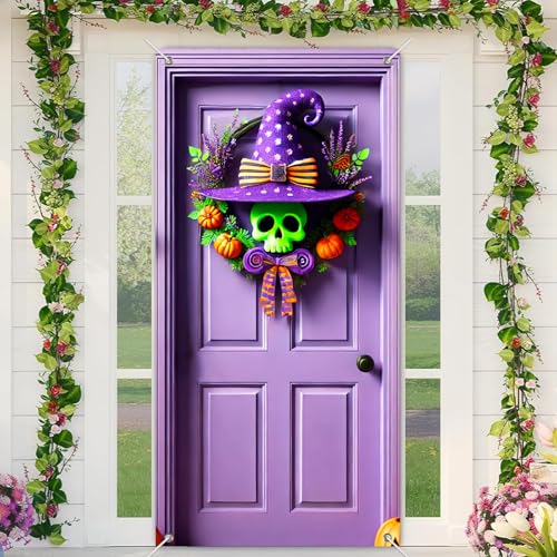 Halloween Door Banner Witch Hat Skull 35x71 Inch Polyester
