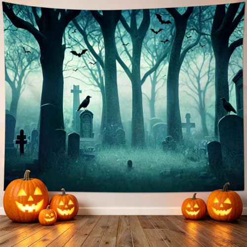 Halloween Forest Tapestry Spooky Cemetery Bat Wall Decor 80Wx60L Inch