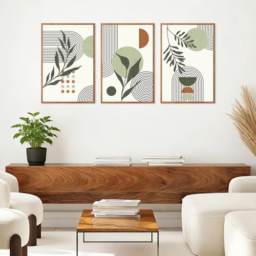 KAlRNE Sage Green Boho Beige Framed Wall Art Botanical Set (3 Count)