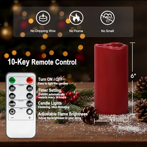 3"x6" Red Flameless Candles with Remote (6 Count)