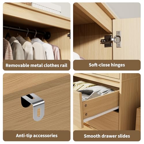70" Wardrobe Armoire Wooden Closet with 3 Drawers